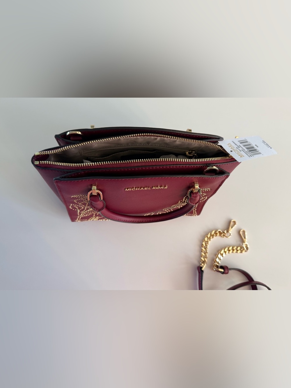MICHAEL KORS Ellis Mulberry Convertible Leather Satchel with Gold Studs design - Picture 6 of 9